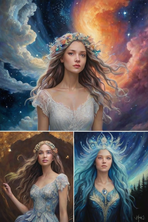 Create a series of imaginative portraits where each subject is infused with elements of fantasy and nature. The hair of the individuals should flow like clouds, varying from soft, fluffy cumulus to wispy cirrus strands, with hints of color reflecting a sunset or a clear blue sky. The eyes should be windows to entire galaxies, with stars, nebulae, and distant planets visible within them. Clothing should be adorned with nature motifs, such as floral patterns that bloom and change, vines that seem to grow and wrap around, or feathers that shimmer with iridescence. Each portrait should capture a unique personality, blending human features with the ethereal beauty of the natural and cosmic world. The backgrounds can vary, from starry night skies to enchanted forests, adding depth and context to the magical realism of the portraits