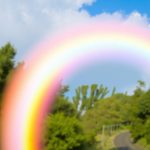 Generate a vibrant and colorful rainbow with bold pink, yellow, and blue arcs, captured in a high-resolution photograph using a DSLR camera, 50mm lens, f/2.8 aperture, 1/250s shutter speed, and natural light for enhanced clarity and saturation.