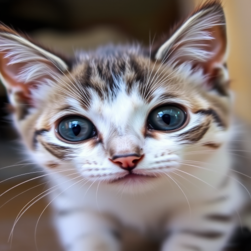 A close-up image of a cute cat with large round eyes and a small pink nose featuring soft gray and white fur, looking directly at the camera with a gentle expression. The background is softly blurred to emphasize the cat's face.