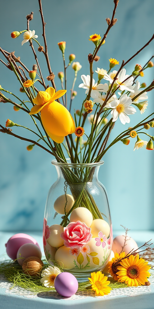 Regenerate a colorful Easter-themed image featuring a vase with decorated eggs and spring branches, using a Canon EOS R5, 50mm lens, f/2.8 aperture, ISO 100, and natural sunlight for enhanced clarity and vibrancy.