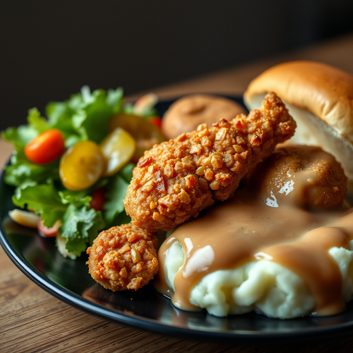 A close-up shot of a delicious fried chicken meal featuring crispy fried chicken pieces, creamy mashed potatoes with gravy, a soft bun, a fresh garden salad, and pickled vegetables on a black plate, captured with a Canon EOS R5, 50mm f/1.2 lens, f/2.8, ISO 200, 1/200s, natural soft lighting.