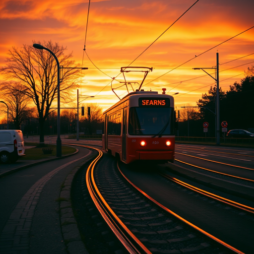 regenerate the image of a tram on a curved track during sunset with vibrant orange and yellow hues in the sky, with a low angle perspective, taken with a DSLR camera at f/5.6 aperture, ISO 100, 1/200 sec shutter speed, in landscape mode to enhance image quality and sharpness