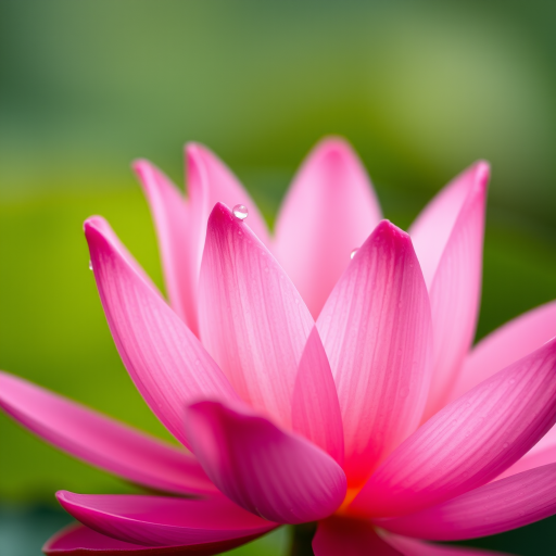 close-up of a pink water lily with water droplets on petals, soft bokeh background, aperture f/2.8, shutter speed 1/200s, ISO 100, macro lens, DSLR camera, natural lighting