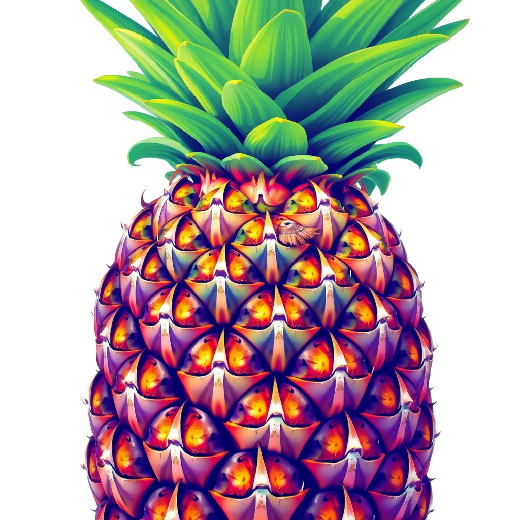 Create a vibrant illustration of a pineapple with a detailed texture on the skin and bright green leaves on top, shot with a DSLR camera at f/2.8 aperture, 50mm lens, in natural light to enhance color saturation and clarity.