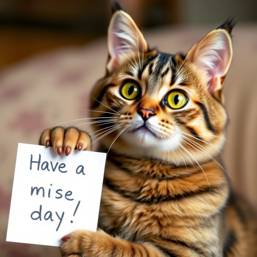cat holding a note which says "Have a mice day!"