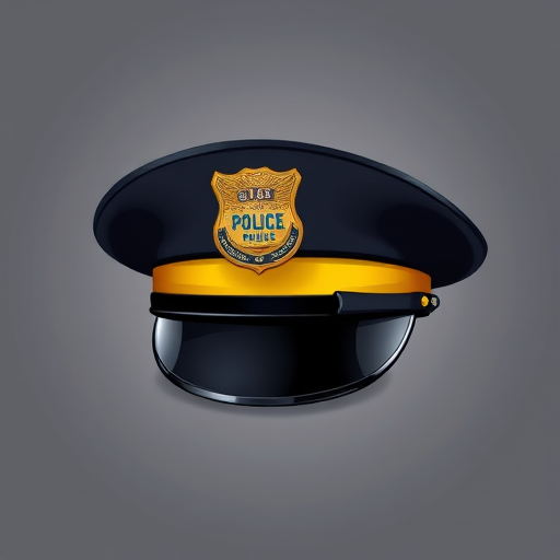 Create an illustration of a police cap with a black top and yellow band, using a digital art style, with a camera angle from slightly above to emphasize the shape, applying a high-resolution setting of 300 DPI and a soft-focus background to enhance the cap's details.