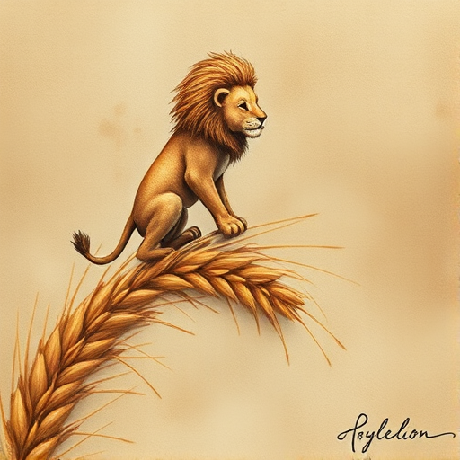 Soft, muted Alcohol Ink with ebru effect background image of tiny whimsical lion, who climbed high on the top of a golden rye ear.
