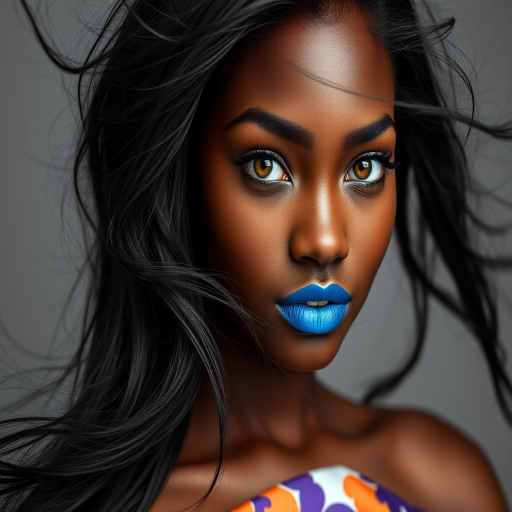 Photographic image of a beautiful young Afro-Caribbean woman, Yellow eyes, lips with cyan lipstick, long hair fluttering in the wind and wearing a silk strapless dress with a soft purple and orange print. monochrome image with only color highlights in the iris of the eyes, lipstick and dress. Gray background.