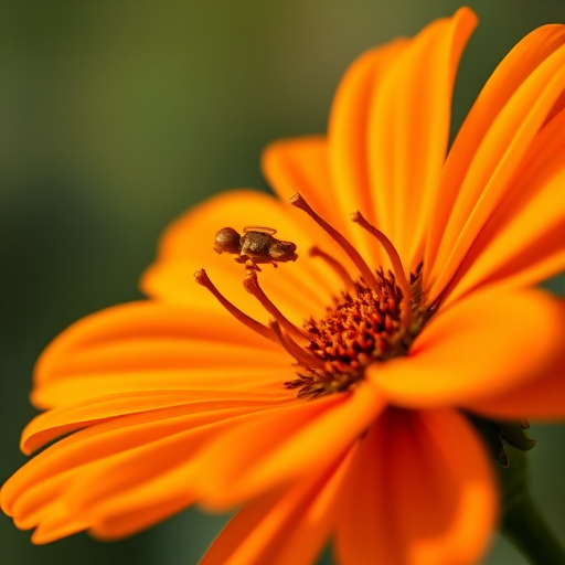 Capture a close-up of an orange flower with soft blurred background, natural light, f/2.8 aperture, ISO 100, shutter speed 1/200 sec, using a macro lens on a DSLR camera for enhanced detail and color vibrancy.
