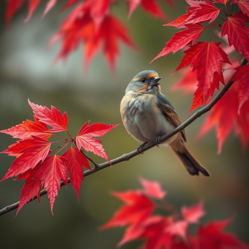 A detailed illustration of a bird perched on a branch with vibrant red maple leaves, soft focus background, macro lens, f/2.8 aperture, 100mm focal length, natural lighting, high-resolution digital art.