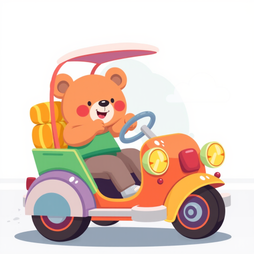 Create a vibrant illustration of a cartoon bear-like character driving a colorful, playful vehicle with a retro design, using a bright color palette and flat style, captured with a DSLR camera at f/5.6 aperture, ISO 100, 50mm lens, with a shallow depth of field to enhance the focus on the character and vehicle.