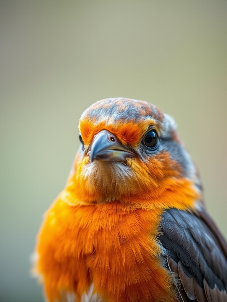 close-up portrait of a bird with vibrant orange and gray feathers, soft blurred background, natural light, 85mm lens, f/1.8 aperture, ISO 200, shallow depth of field, DSLR camera