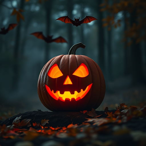 Create a mystical autumn scene featuring a carved pumpkin with a spooky face illuminated from within, surrounded by dark, misty woods and colorful fallen leaves, with a whimsical bat flying above, captured with a Canon EOS R5 at f/2.8, ISO 100, 50mm lens for a shallow depth of field, using a low-angle view to enhance the atmospheric effect.