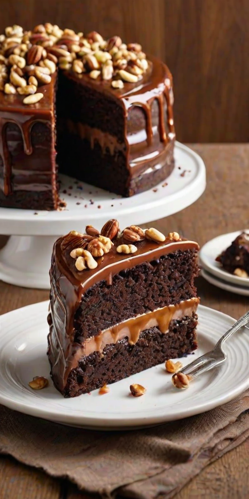 Generate an image of a slice of rich chocolate cake layered with creamy filling, topped with a glossy caramel drizzle and sprinkled with chopped nuts. The cake should be served on a plate, with a whole cake in the background, showcasing its layers and textures. The setting should be warm and inviting, emphasizing the deliciousness of the dessert.