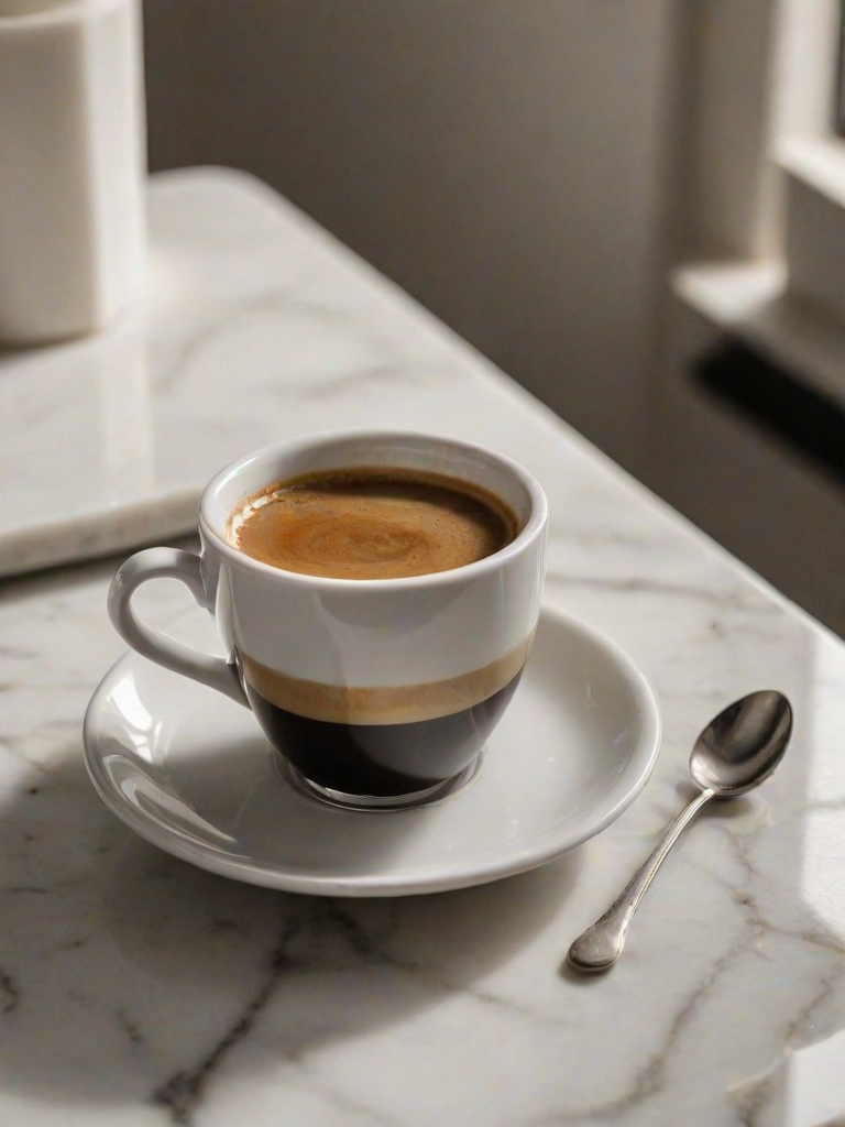 Close-up of a freshly brewed cup of espresso resting on a marble countertop, soft natural light from a nearby window illuminating the rich crema, with a sugar cube and spoon softly blurred in the background.
