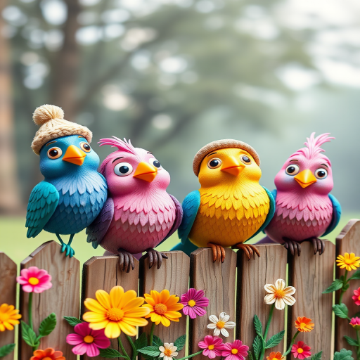 create a scene of 4 quirky  whimsical colourful comical birds each with a funny expression. they are sat on a wooden fence with colourful flowers. they are all different sizes. each one is a different colour  one is wearing a woolly hat. Each one has a different quirky google expression and there is a muted background of trees watercolour paintierly style high definition 8k resolution 3D paper mache