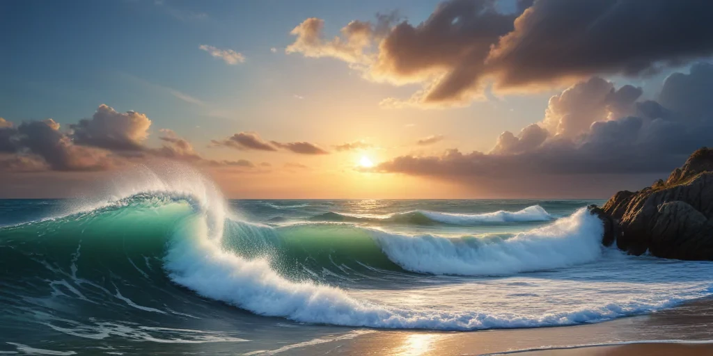 Majestic Sunset Over the Ocean with Waves Crashing on Shoreline