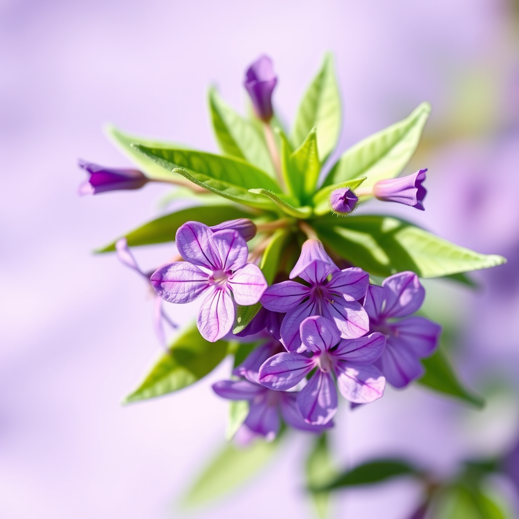 Create a high-resolution digital illustration of a cluster of purple flowers with green leaves on a soft lavender background, using a DSLR camera with 50mm lens, aperture f/2.8, ISO 100, natural lighting, and a shallow depth of field to enhance details and colors.