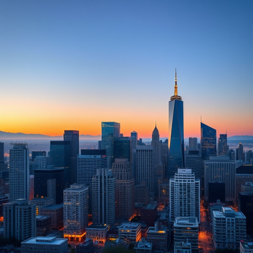 high-resolution city skyline at dusk, prominent skyscrapers and unique architecture, Canon EOS 5D Mark IV, 24mm lens, f/8 aperture, ISO 100, HDR mode, wide-angle view, vibrant colors, clear sky background