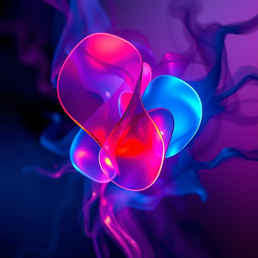 Create an abstract digital artwork featuring vibrant glowing shapes in blue and red hues with a fluid, smoky background; use a Canon EOS R5, 50mm lens, f/1.4 aperture, ISO 100, 1/60 sec exposure, in a macro photography style to enhance detail and clarity.