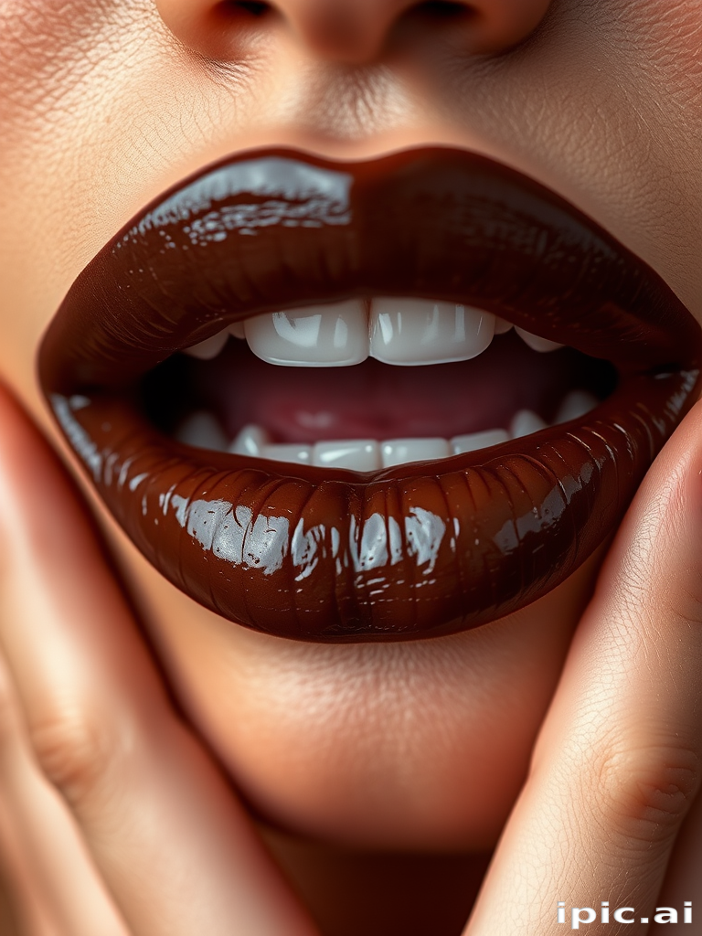 Rich chocolate brown woman lips with glossy texture, offering a unique twist on traditional dark lip colors