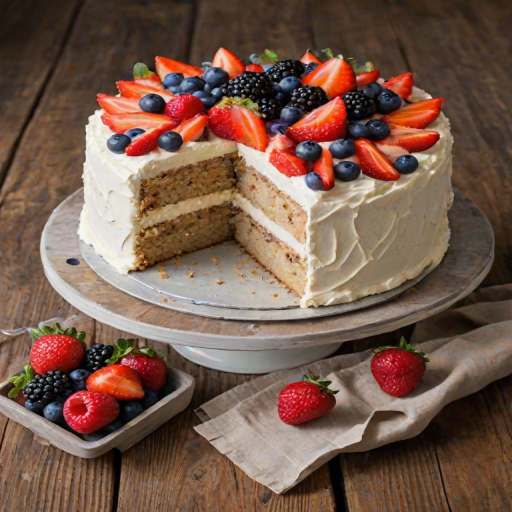 Create an image of a delicious cake with a smooth, creamy frosting on top. The cake is layered and features a crumbly topping, with bits of fruit peeking through. Surround the cake with fresh fruit and a rustic wooden background to enhance the cozy, homemade feel.