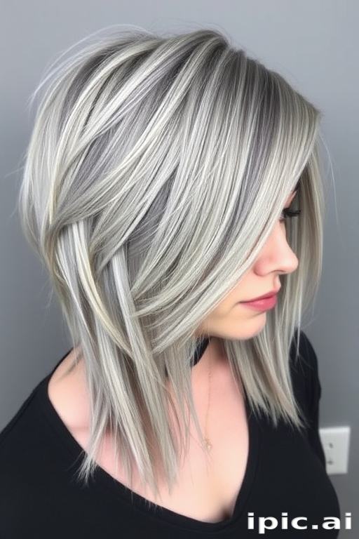 Ash gray hair cut into a sharp, asymmetrical undercut with long, sweeping top layers comprises the edgy "Storm Cloud Chic" style, featuring subtle silver and charcoal highlights that add dimension and movement to the cool-tone