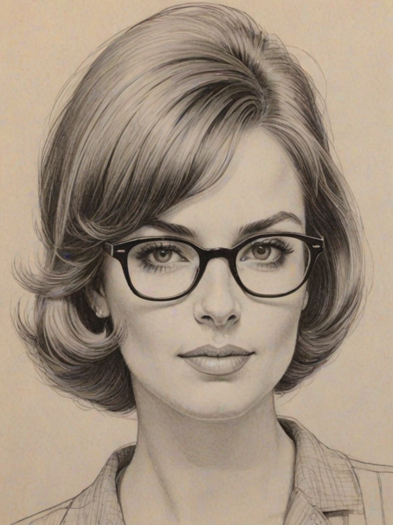 Ravishing Annie Jacob, pencil sketch, portrait of Dazzling woman 1964s in glasses, hair style beatnik, outline, clear lines, fine lines, 8k