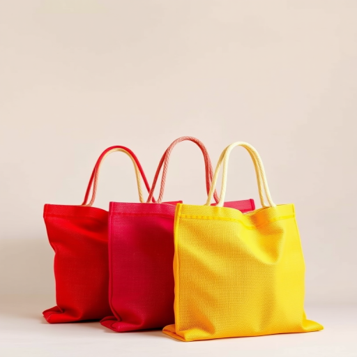 Create an image of three reusable jute bags in red, blue, and yellow, positioned upright on a neutral background, use a DSLR camera with a 50mm lens, aperture f/2.8, ISO 100, and 1/125s shutter speed, with soft natural lighting to enhance texture and color vibrancy.