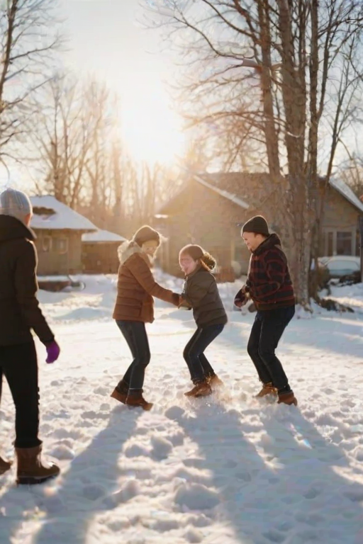 Blurry candid shot of a family playing in the snow, soft golden light from the setting sun casting long shadows on the snowy ground, with snowballs flying through the air and laughter filling the scene.