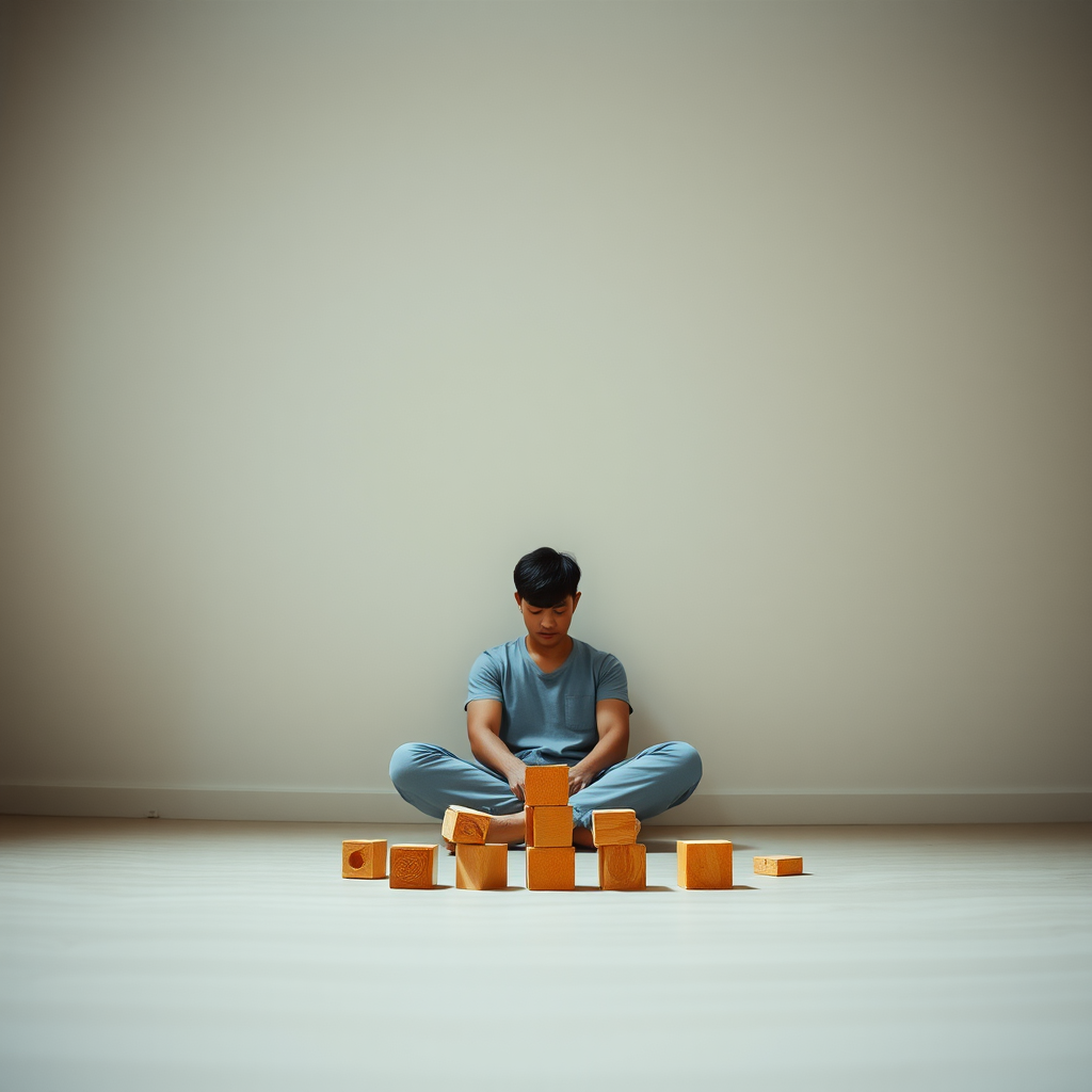 Create a high-resolution image of a minimalist, abstract representation of a person sitting cross-legged on the floor, focused on building blocks, using a 50mm lens, f/2.8 aperture, ISO 100, with overhead natural lighting, captured from a eye-level viewpoint in a digital format.