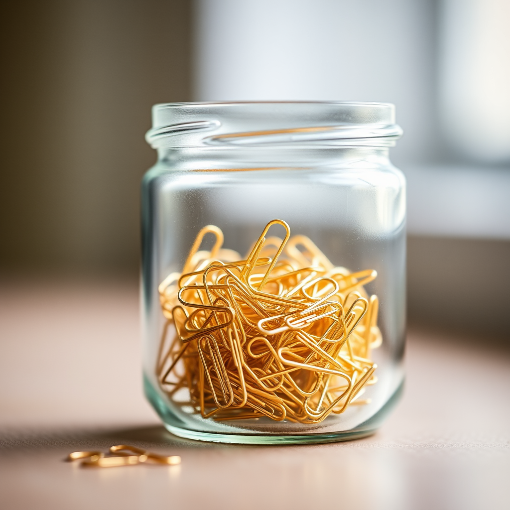 close-up shot of a glass jar filled with gold paperclips on a blurred background, ISO 100, aperture f/2.8, shutter speed 1/60s, 50mm lens, natural light, macro photography
