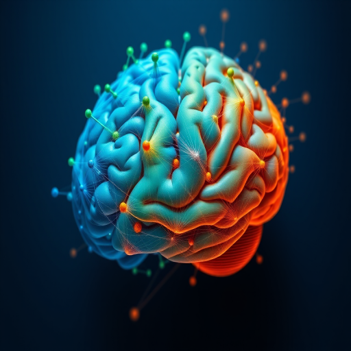 Generate a high-resolution digital illustration of an abstract brain with interconnected nodes in various colors like blue, green, orange, and dark blue, 35mm lens, f/4 aperture, ISO 100, top-down view, using a digital camera.