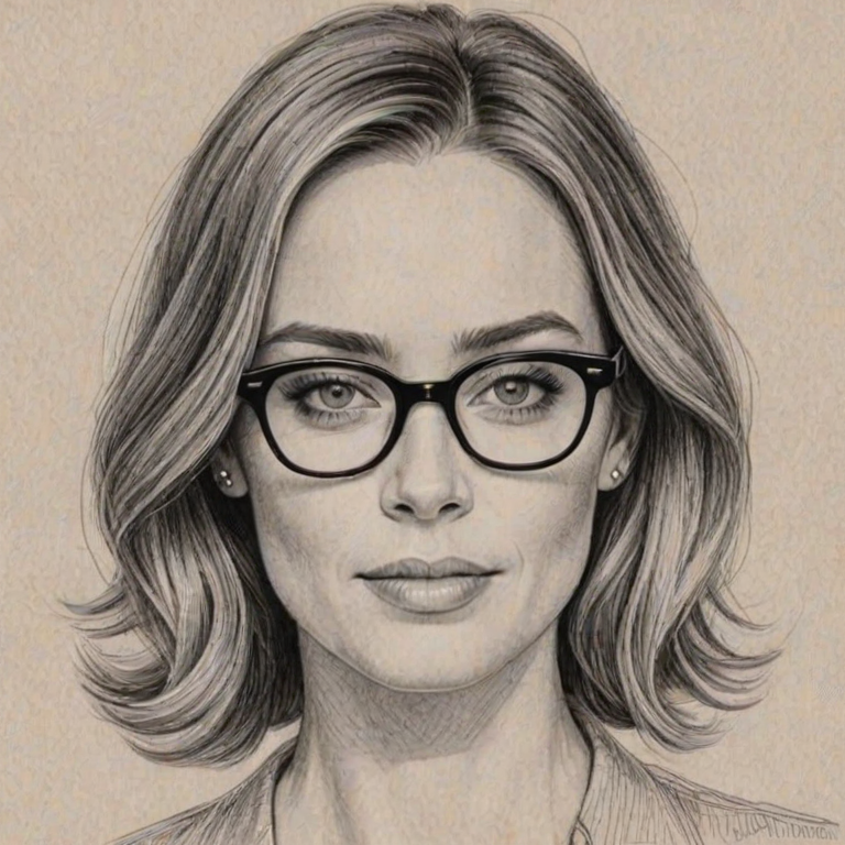 Bewitching Emily Blunt, pencil sketch, portrait of Radiant woman 1957s in glasses, hair style beatnik, outline, clear lines, fine lines, 8k