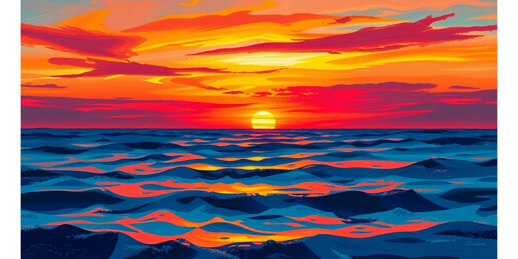 Generate an abstract painting of a sunset over the ocean with vibrant colors, featuring bold brush strokes and dynamic reflections on the water, captured in a panoramic view using a DSLR camera at f/8, 1/250 sec, ISO 100, with a wide-angle lens for enhanced depth and detail.