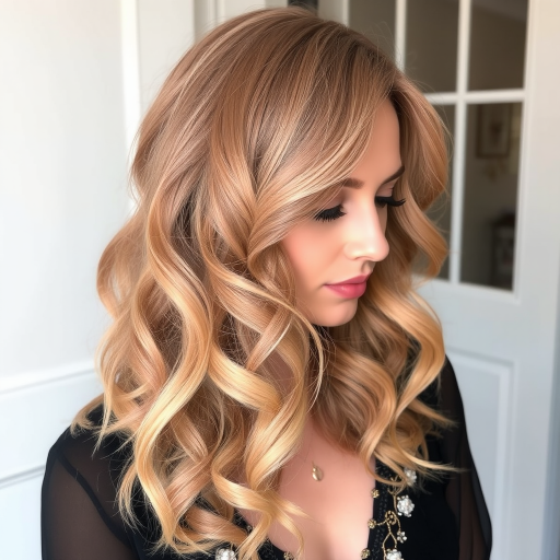 Romantic rose gold hair in loose vintage-inspired curls, designed by Blush Petal, showcasing a soft, feminine look with delicate pearl accents and subtle champagne blonde highlights