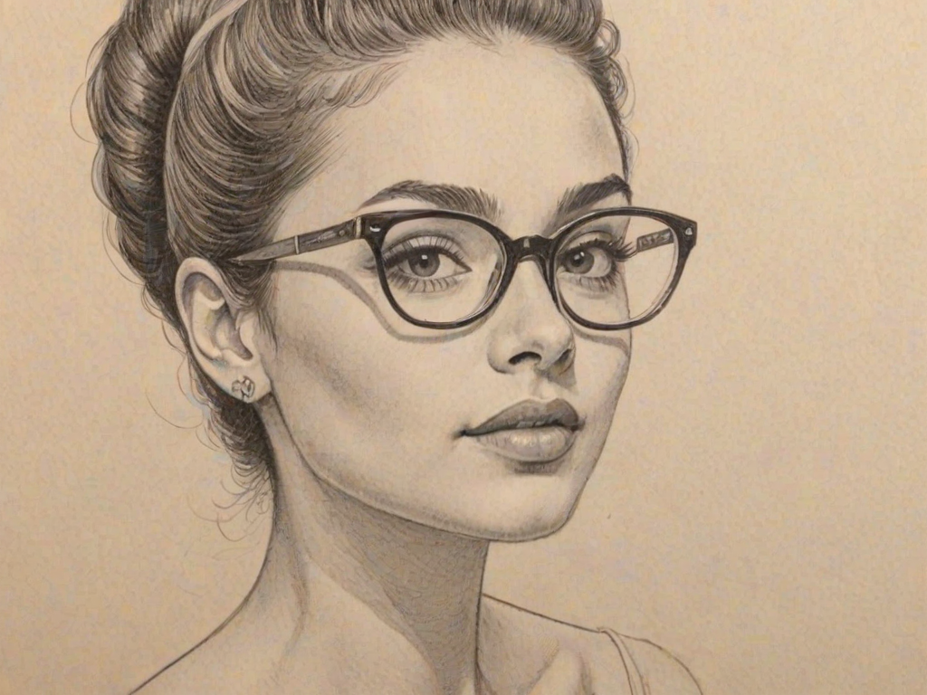 Appealing Ariana Greenblatt, pencil sketch, portrait of Dazzling woman 1955s in glasses, hair style beatnik, outline, clear lines, fine lines, 8k