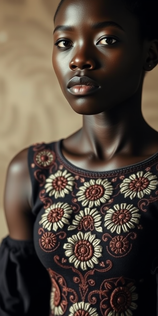 Face, shoulders, chest covered in openwork Yoruba embroidery. Raw, unedited image.