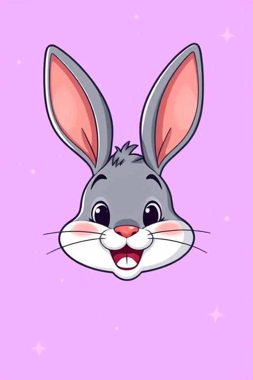 Create a vibrant illustration of a cartoon rabbit head with a playful expression against a soft purple background, using a digital camera with a 50mm lens, aperture set to f/1.8, ISO 100, and a shallow depth of field to enhance colors and sharpness.