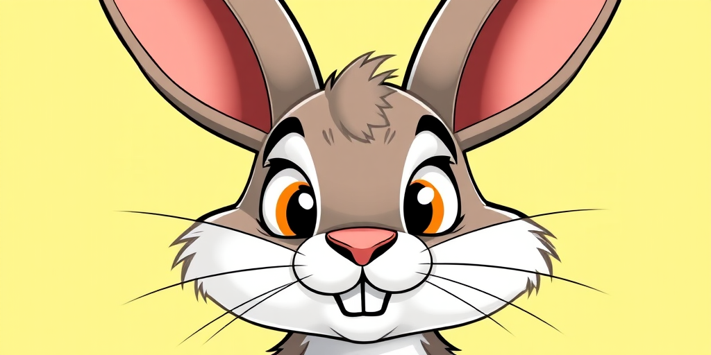 Generate a cartoon-style rabbit face with exaggerated features on a soft yellow background, using a digital camera with a 50mm lens, f/1.8 aperture, ISO 100, and a shallow depth of field for a crisp focus on the rabbit.