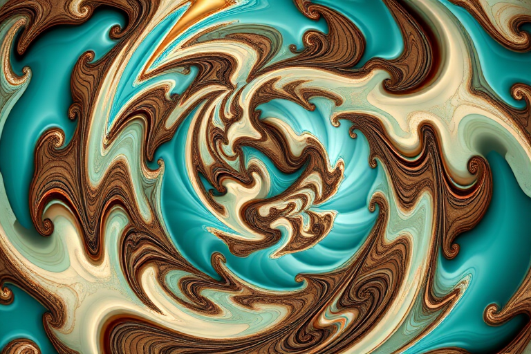 Generate a high-resolution fractal image featuring intricate swirling patterns in shades of turquoise, brown, and cream using a macro lens, ISO 100, aperture f/11, shutter speed 1/60 seconds, with a soft focus background to enhance depth.