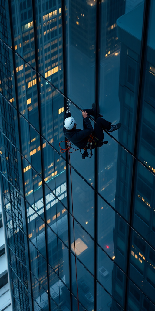 capturing a high-resolution image of a window cleaner rappelling down a skyscraper, with a focus on the reflection in the glass, 50mm lens, f/8 aperture, ISO 100, shutter speed 1/500 sec, natural daylight, using a DSLR camera, captured at eye level to emphasize the action and details