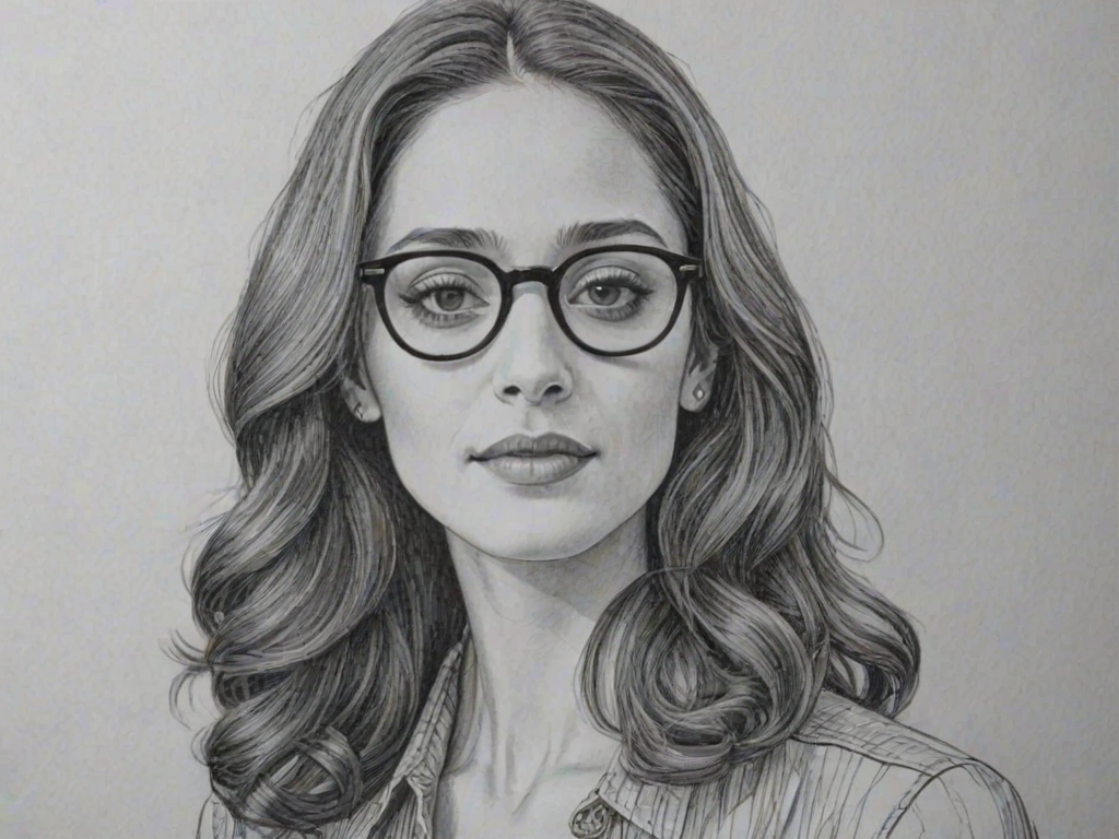 Dazzling Emmy Rossum, pencil sketch, portrait of Delightful woman 1973s in glasses, hair style beatnik, outline, clear lines, fine lines, 8k
