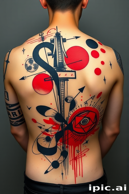 Avant-garde trash polka body tattoo combining abstract shapes, typography, and photorealistic elements on the back, using bold red and black ink for a striking contrast