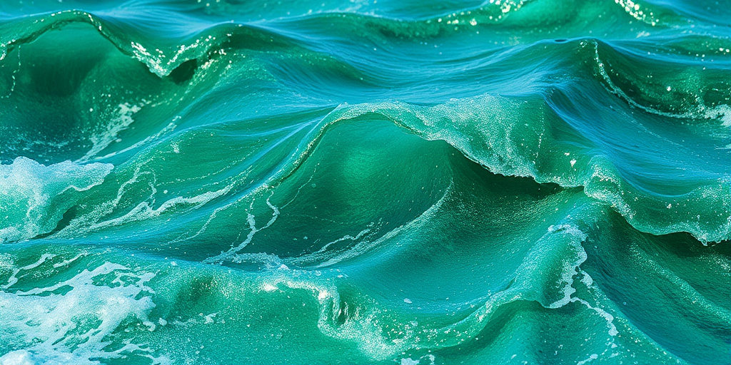Captivating emerald green mermaid waves in the "Enchanted Sea" style shimmer with iridescent highlights and beachy texture