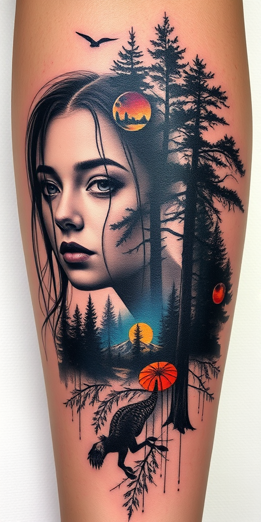 Surrealist double exposure tattoo, "Dreamscape Fusion," blending two distinct images seamlessly, such as a portrait with a cityscape or a forest scene with wildlife, using a mix of realistic and abstract elements in grayscale with pops of vibrant color