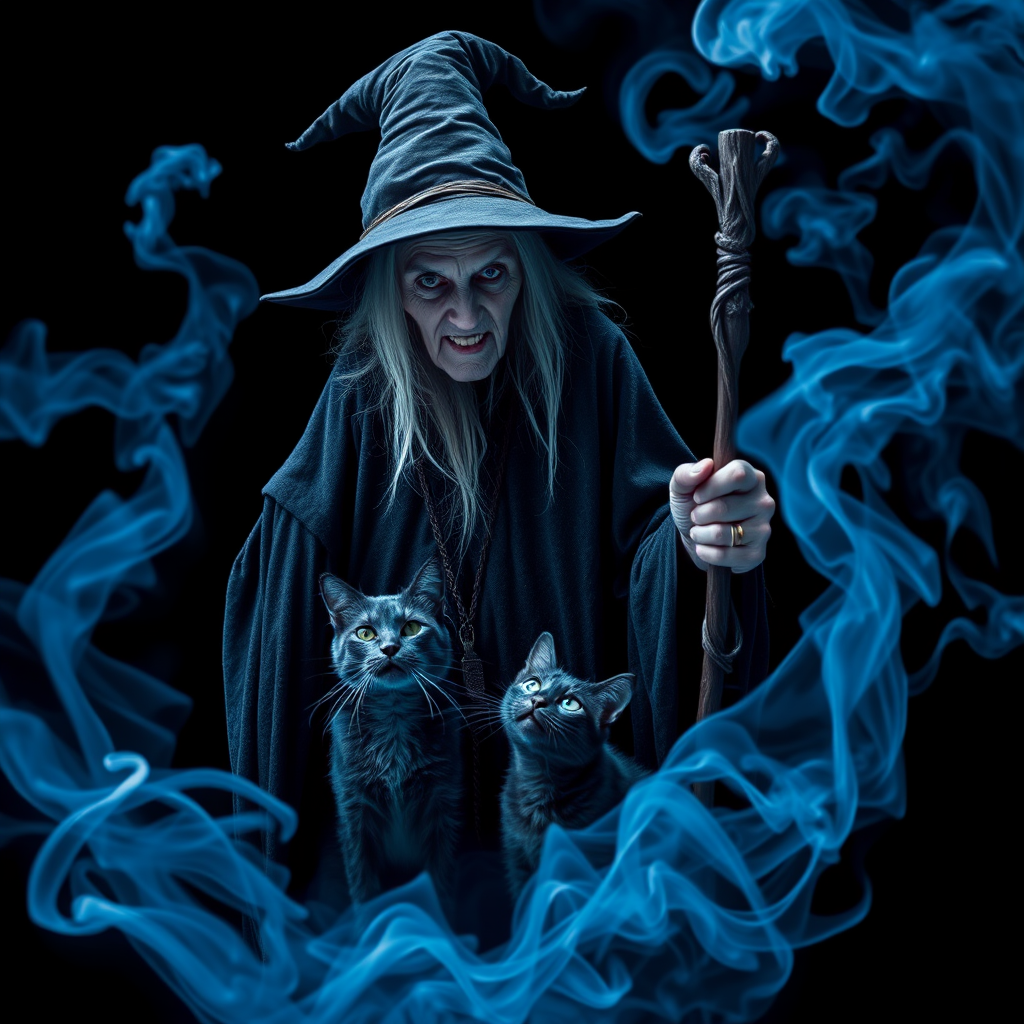 Close-up of a mysterious old crone female witch and her cat made of blue smoke are standing in the dark cackling evilly at the viewer. The smoke is a deep blue, and the background is black. The crone is wearing a long, flowing robe and has a pointed hat on her head. She is holding a staff in one hand and has a mischievous look on her face. The cat is sitting at her feet, looking up at her with glowing blue eyes. The smoke around them is swirling and shifting, as if it has a life of its own. The overall effect is eerie and magical.