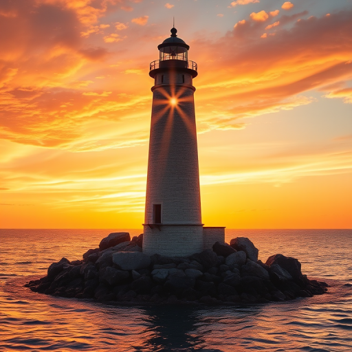 Generate an image of a tall lighthouse perched on a rocky outcrop surrounded by calm ocean waters during a breathtaking sunset. The lighthouse stands sturdy and weathered, its stone surface illuminated by the warm golden light of the setting sun. The sun's rays pass directly through the glass lantern room at the top of the lighthouse, casting a brilliant light across the scene. The sky is painted with vibrant shades of orange, pink, and purple, reflecting off the tranquil sea. The surrounding water shimmers with the same warm hues, creating a serene and majestic atmosphere.