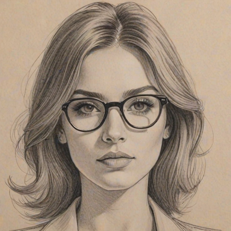 Ravishing Daya, pencil sketch, portrait of Stunning woman 1972s in glasses, hair style beatnik, outline, clear lines, fine lines, 8k