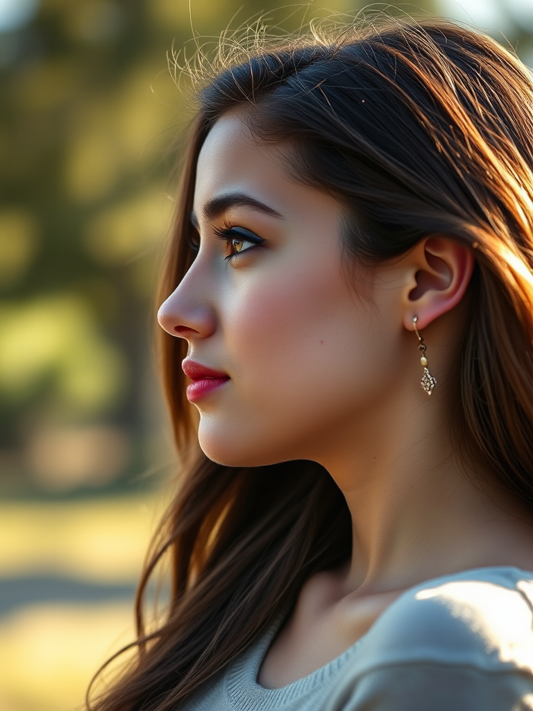 portrait of a young woman in profile, soft natural light, shallow depth of field, 50mm lens, f/1.8, ISO 100, aperture priority mode, warm color tones, bokeh background